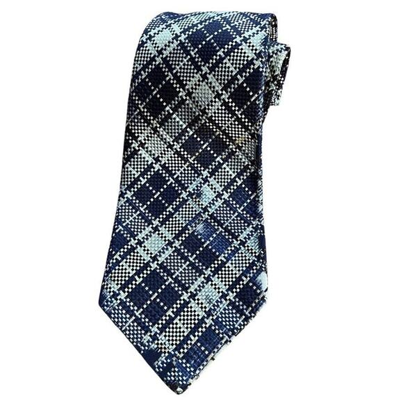 YSL Yves Saint Laurent FLAWED Mens Vintage Plaid Textured Neck Tie Navy Blue - Picture 1 of 16